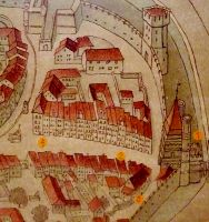 Bild 2 - Spalentor (1) Vorderer und Hinterer Meyenberg (2,3) Spalenvorstadt (4). Ausschnitt aus dem Faksimile des Stadtplans Basel von Matthus Merian 1615, Privatbesitz.
